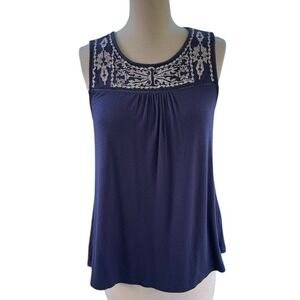 Skies Are Blue Embroidered Cottagecore Tank Top Sleeveless  Navy Blue‎ Size M